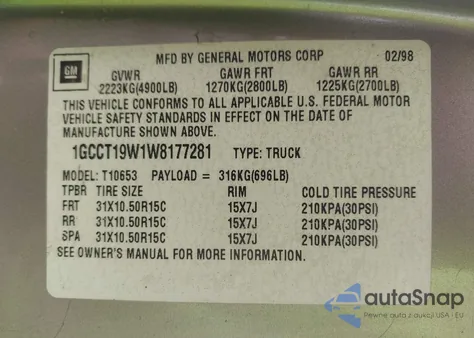 1998 Chevrolet S-10 Ls z USA, uszkodzony, nr VIN 1GCCT19W1W8177281